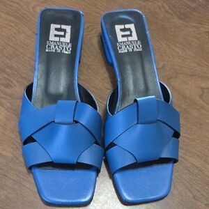 Emanuele Castro Blue Sandals Women Sz 39 (8) Made In Italy Slip-in Square Toe